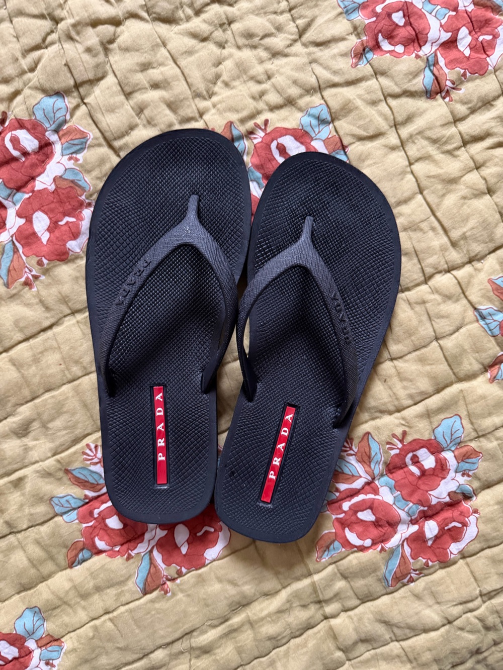 Prada Men’s Black Flip Flops with Red Logo - Men’s Size 8